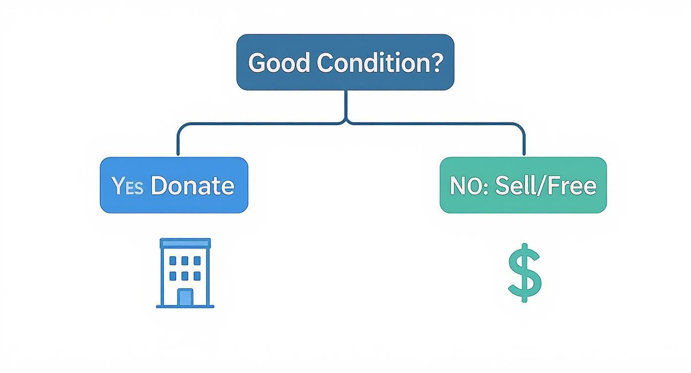 Infographic decision tree for how to pick up furniture for free, showing paths for good condition vs. other conditions.
