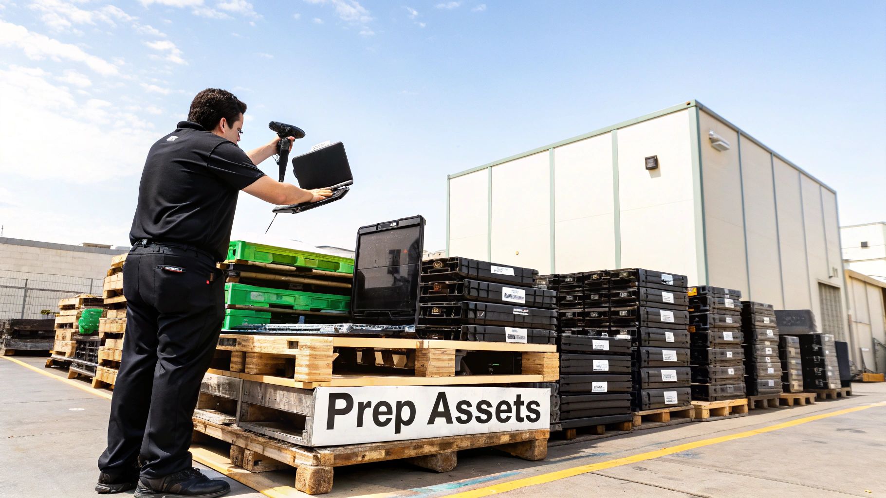 Man scanning a laptop with a handheld device outdoors, surrounded by stacks of electronics on pallets.