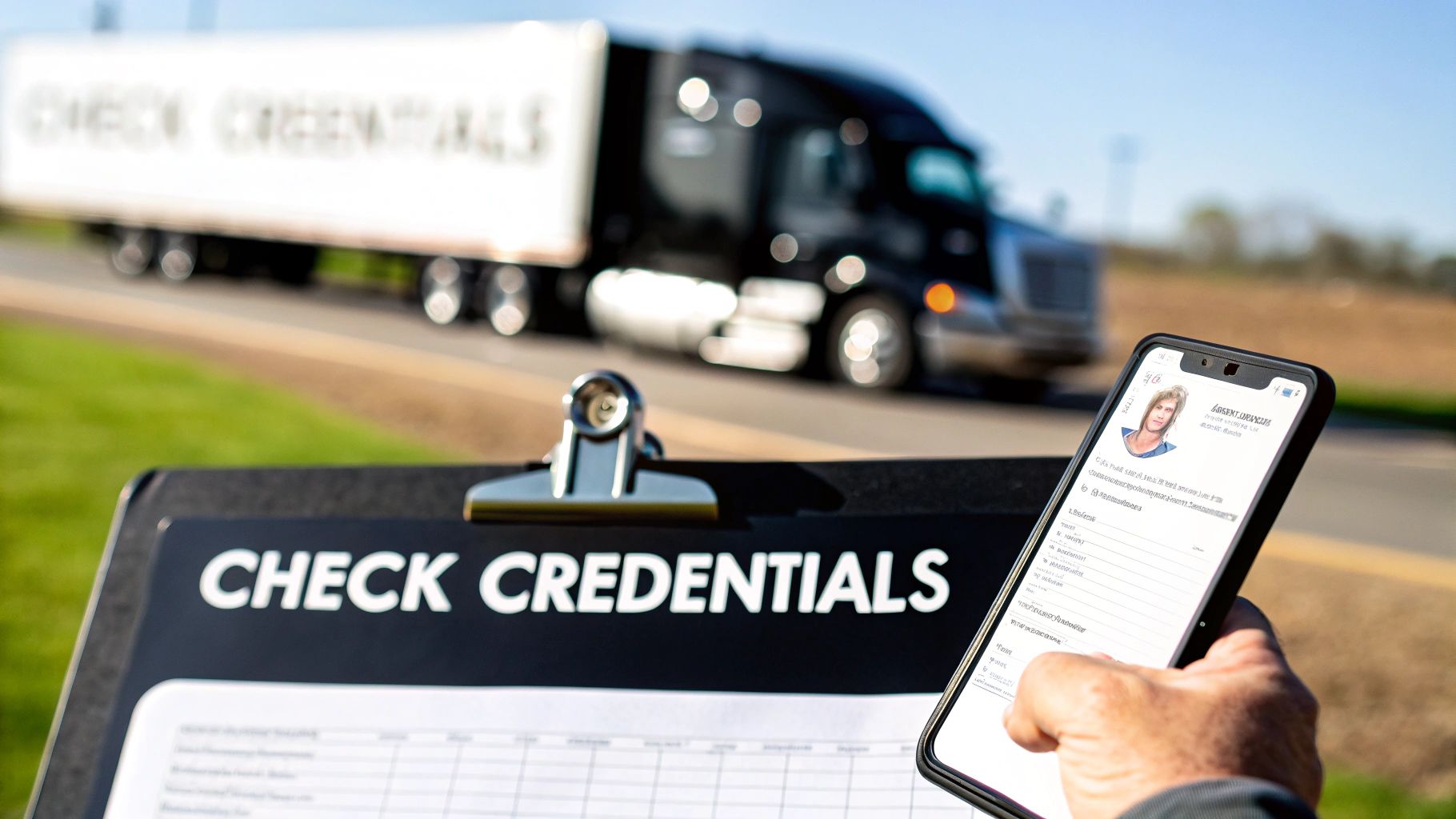 Woman looking at a clipboard in a warehouse filled with boxes and equipment