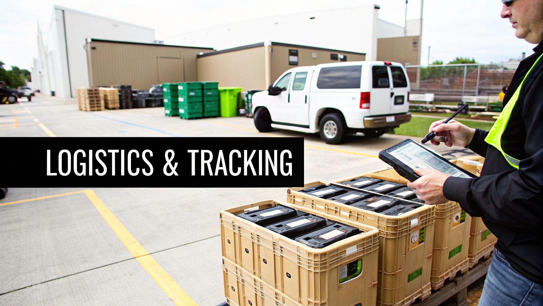 A person in a high-visibility vest using a tablet to track items in crates, with a van and buildings in the background.