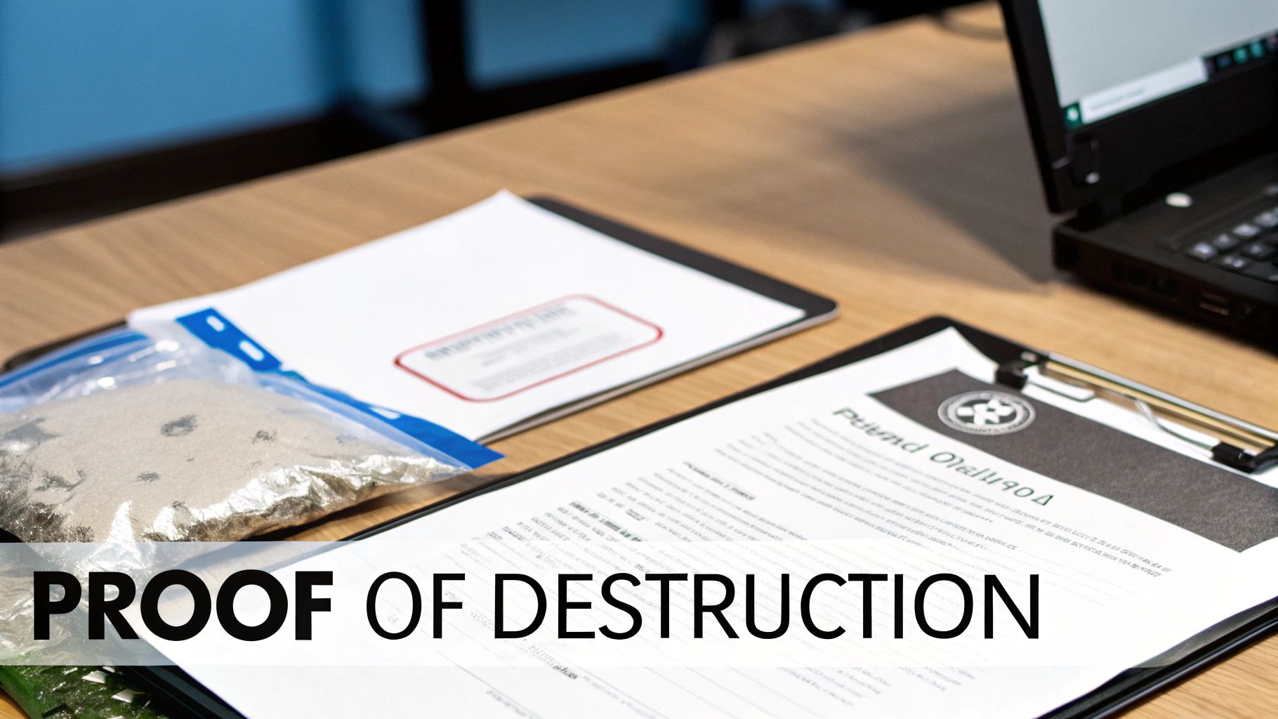 Desk setup with a bag of shredded electronic waste, a 'Proof of Destruction' document, and a laptop.