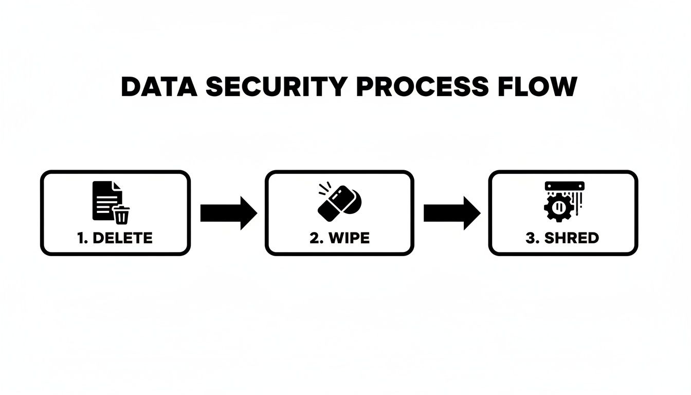 A data security process flow showing three steps: delete, wipe, and shred.