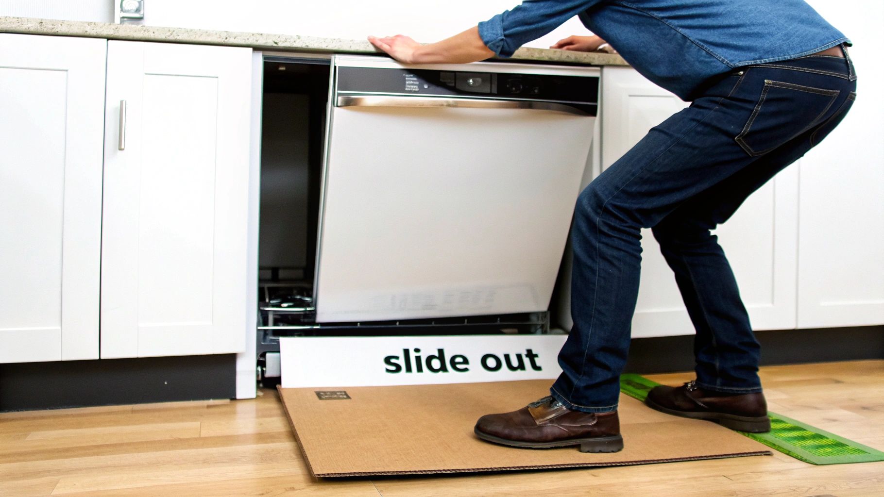 A person is pulling a white dishwasher out from under a kitchen counter using a cardboard slide-out mat.