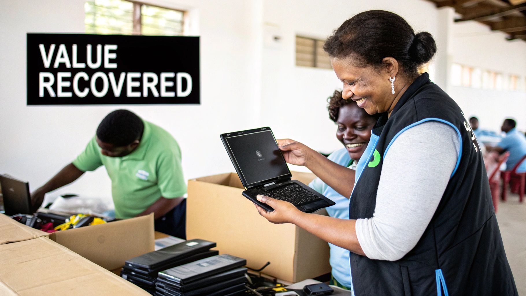 Smiling women and a man refurbishing electronics, with a 'VALUE RECOVERED' sign.