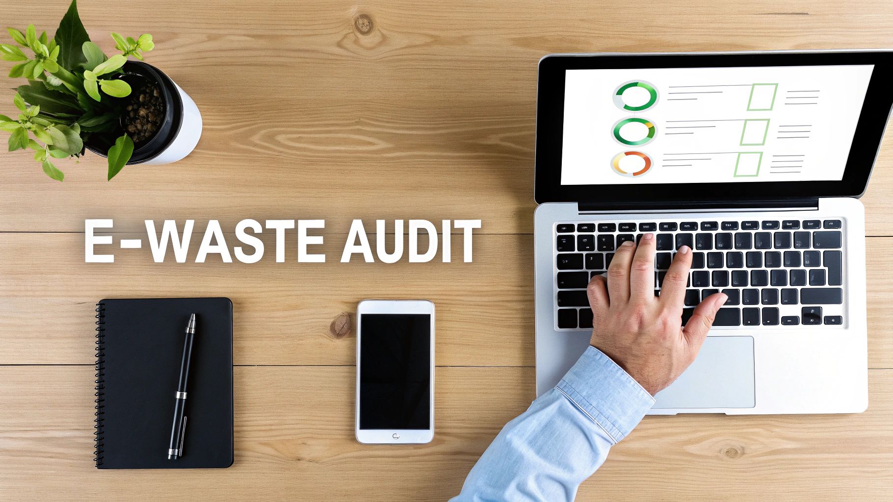 Professional conducting e-waste audit on laptop with checklist displayed on screen at wooden desk
