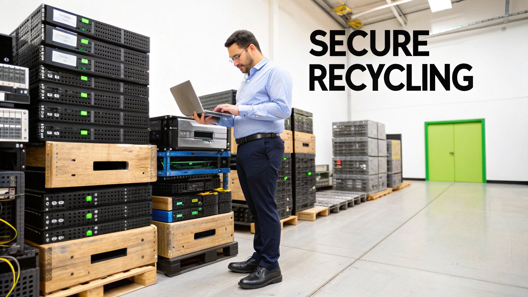 A man with a laptop inspects stacks of server equipment in a secure recycling facility.