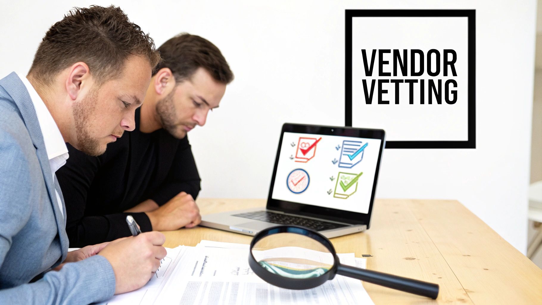 Professionals conducting vendor vetting, reviewing documents and digital checks on a laptop.