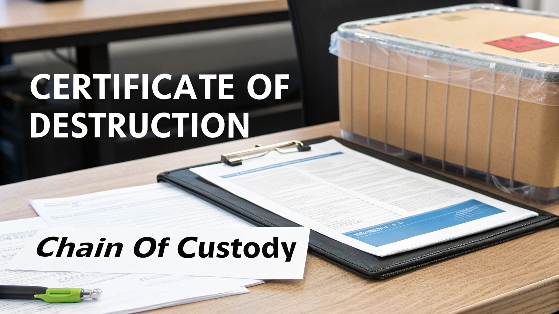 Documents, including 'Certificate of Destruction' and 'Chain of Custody', on a desk next to a box.