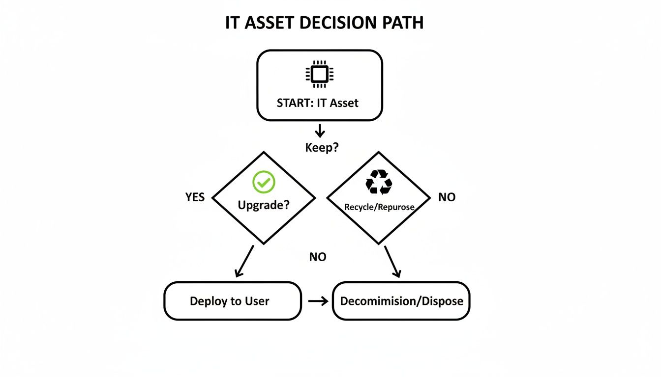 Flowchart detailing the IT asset decision path for keeping, upgrading, deploying, recycling, or disposing assets.