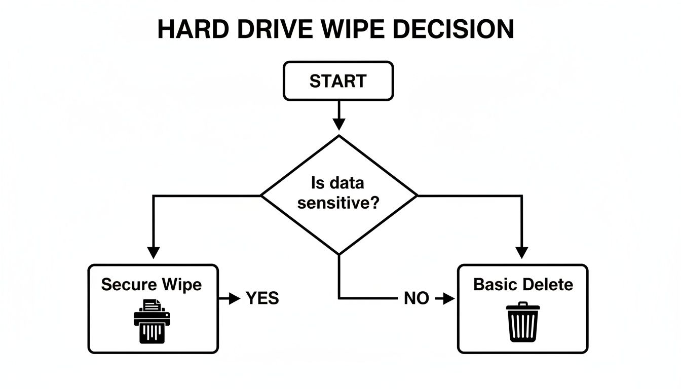 Flowchart outlining hard drive wipe decisions: secure wipe for sensitive data, basic delete for non-sensitive data.