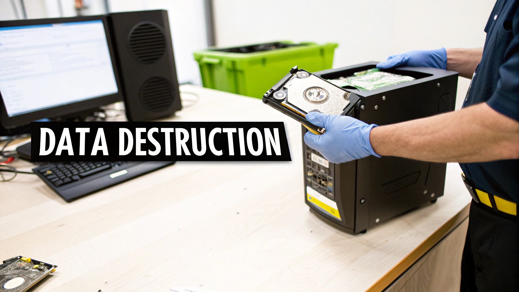 A person in blue gloves removes a hard drive from a computer for data destruction.