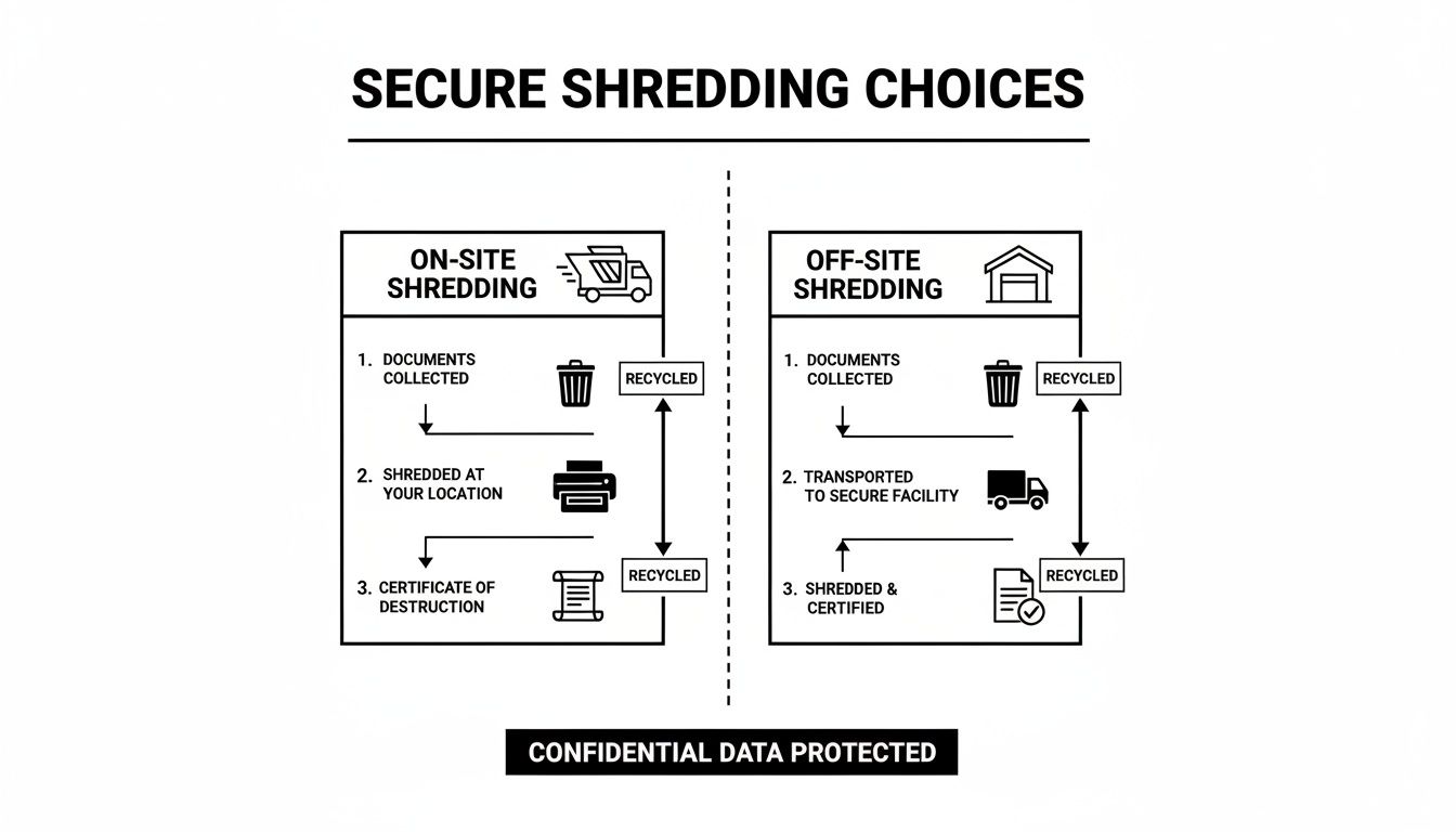 Secure shredding choices infographic illustrating on-site and off-site shredding processes, highlighting document collection, shredding locations, recycling, and certificate of destruction for data protection.