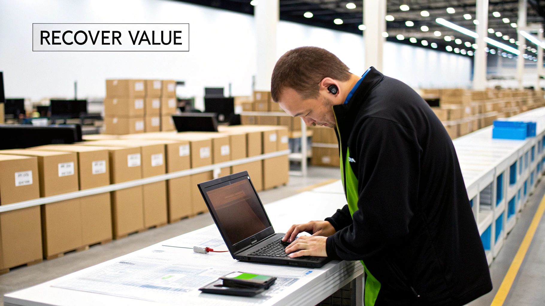 A man in a warehouse works on a laptop, surrounded by rows of cardboard boxes.
