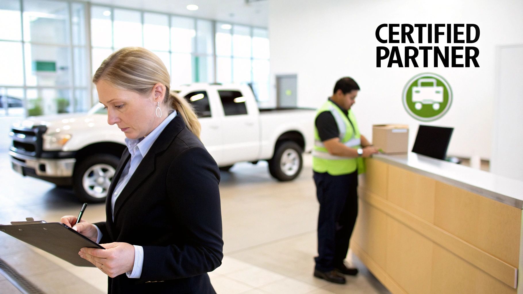 A woman in a suit writes on a clipboard at a reception desk in a certified partner service center.