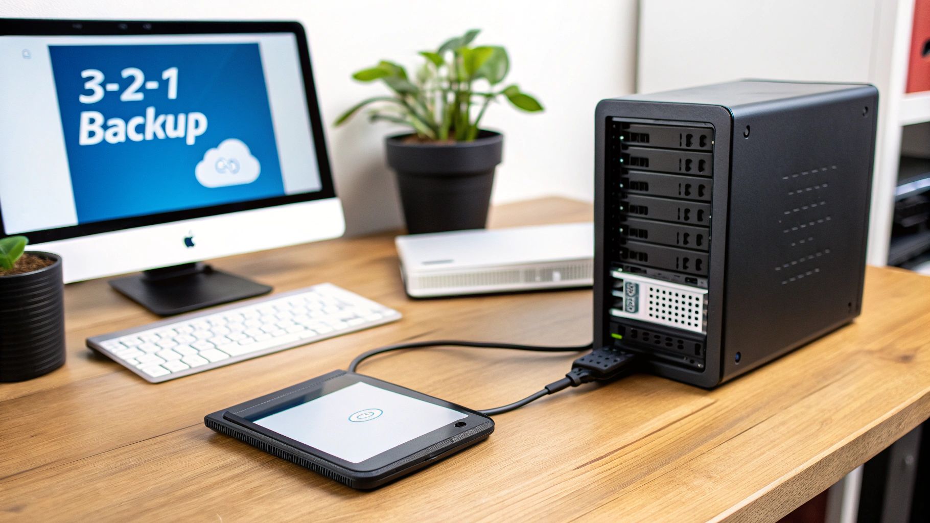 A computer monitor displays '3-2-1 Backup' next to a large data storage server connected to a tablet.