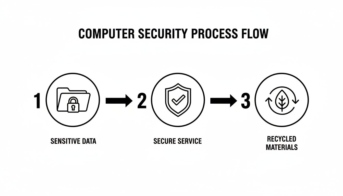 Computer security process flow illustrating sensitive data protected by a secure service, leading to recycled materials.