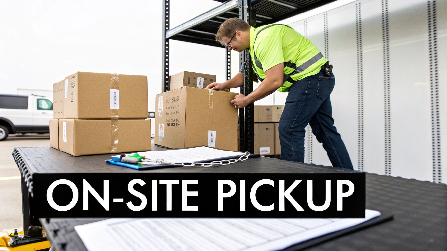 A man in a hi-vis vest handles brown boxes for on-site pickup at a loading dock.