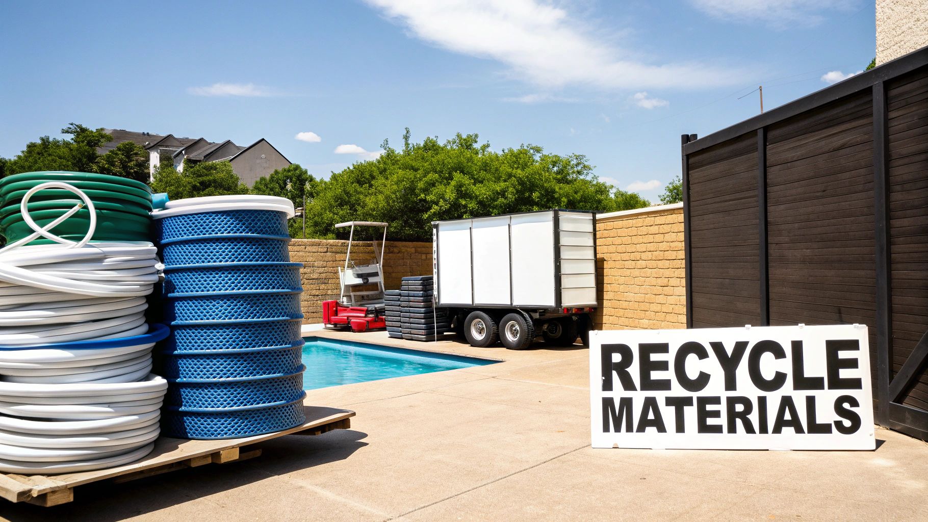 A person responsibly sorting metal pool parts for recycling.