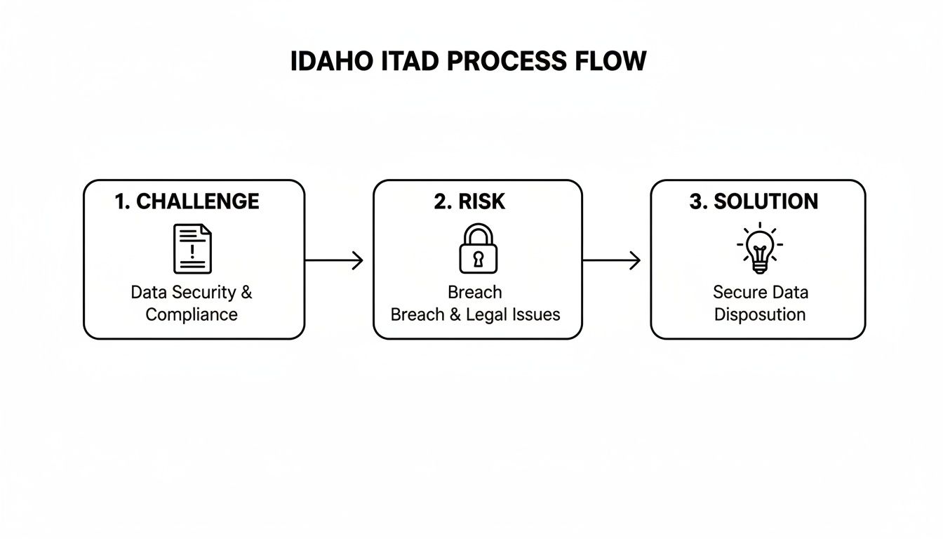 Flowchart outlining the Idaho ITAD process: challenges of data security and compliance, breach risks, and secure data disposition solutions.