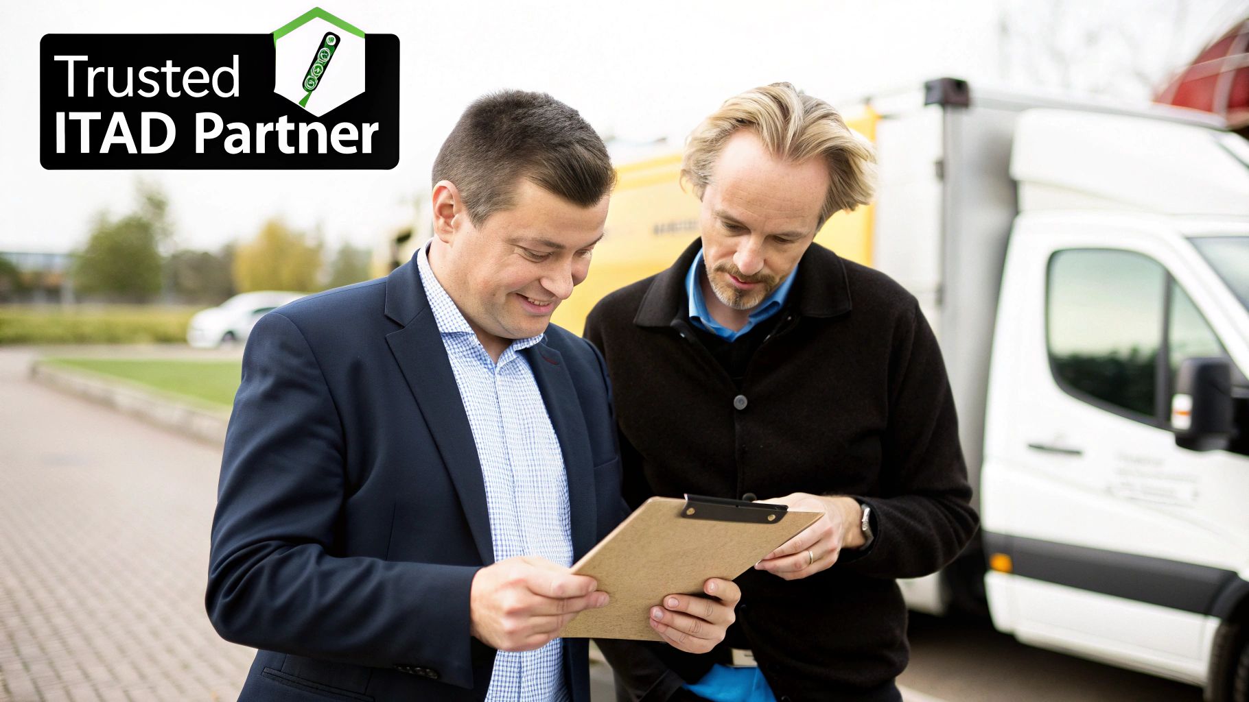 Two business partners discuss documents on a clipboard, with a white truck in the background.