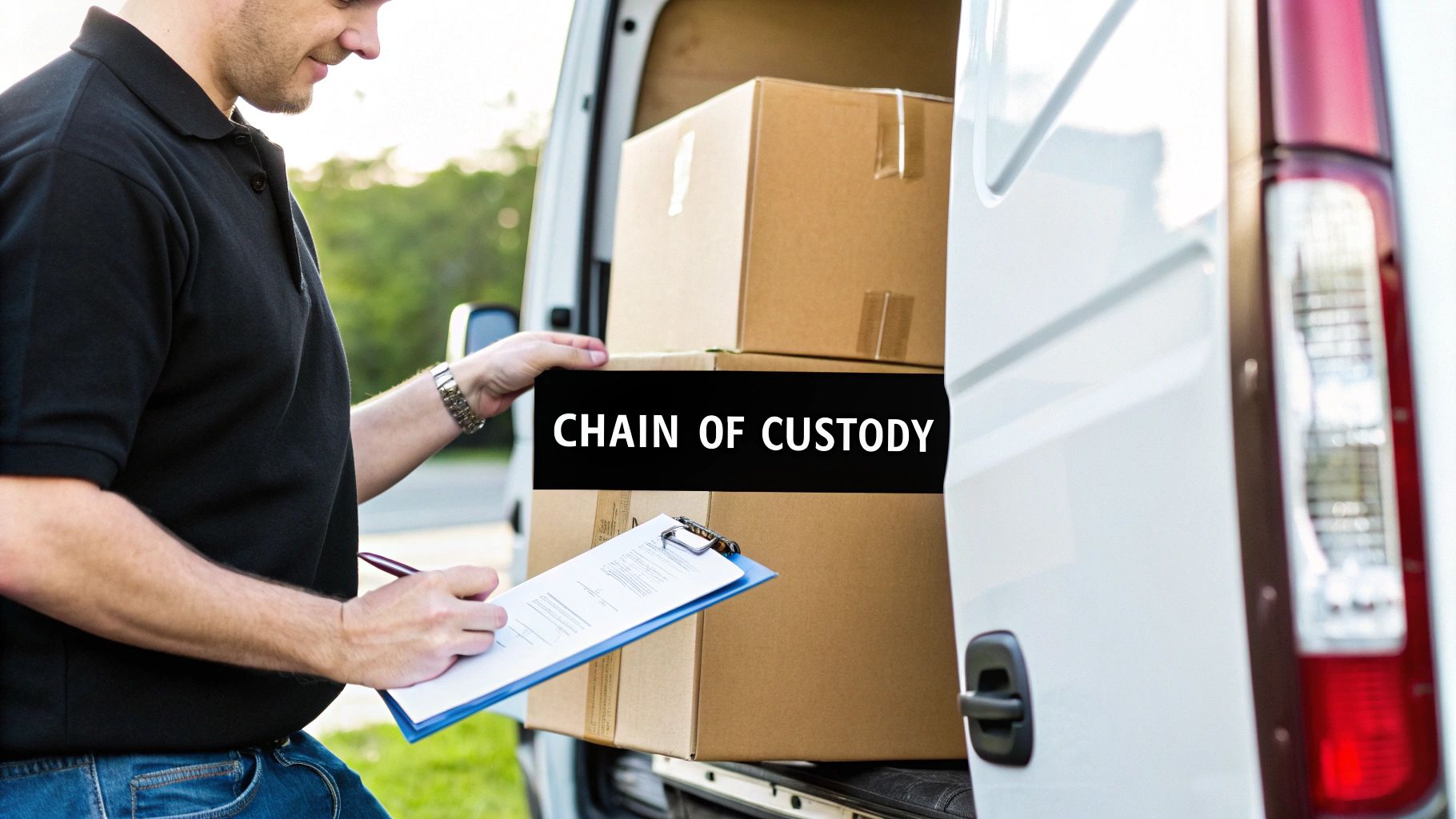 A delivery man signs a chain of custody document while standing by a van loaded with packages.