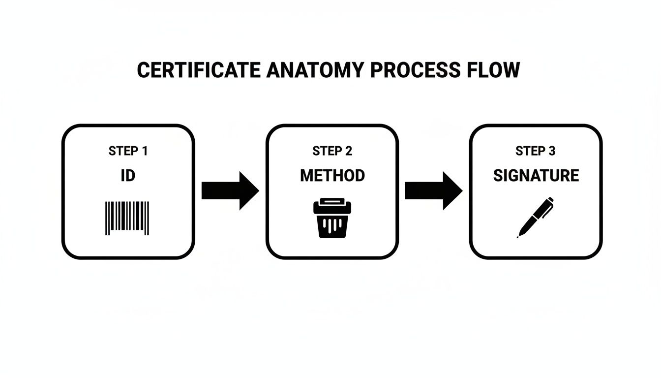 A process flow chart illustrating certificate anatomy in three steps: ID, Method, and Signature.