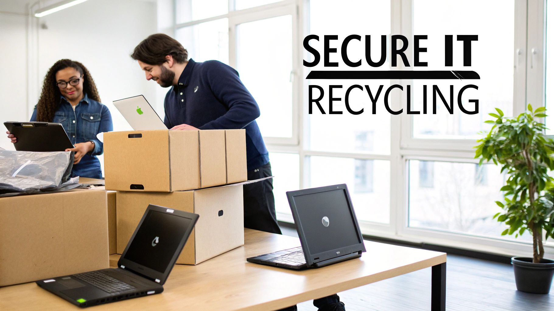 Two individuals engaged in secure IT recycling, handling laptops and boxes in a bright office environment, with "SECURE IT RECYCLING" text prominently displayed.