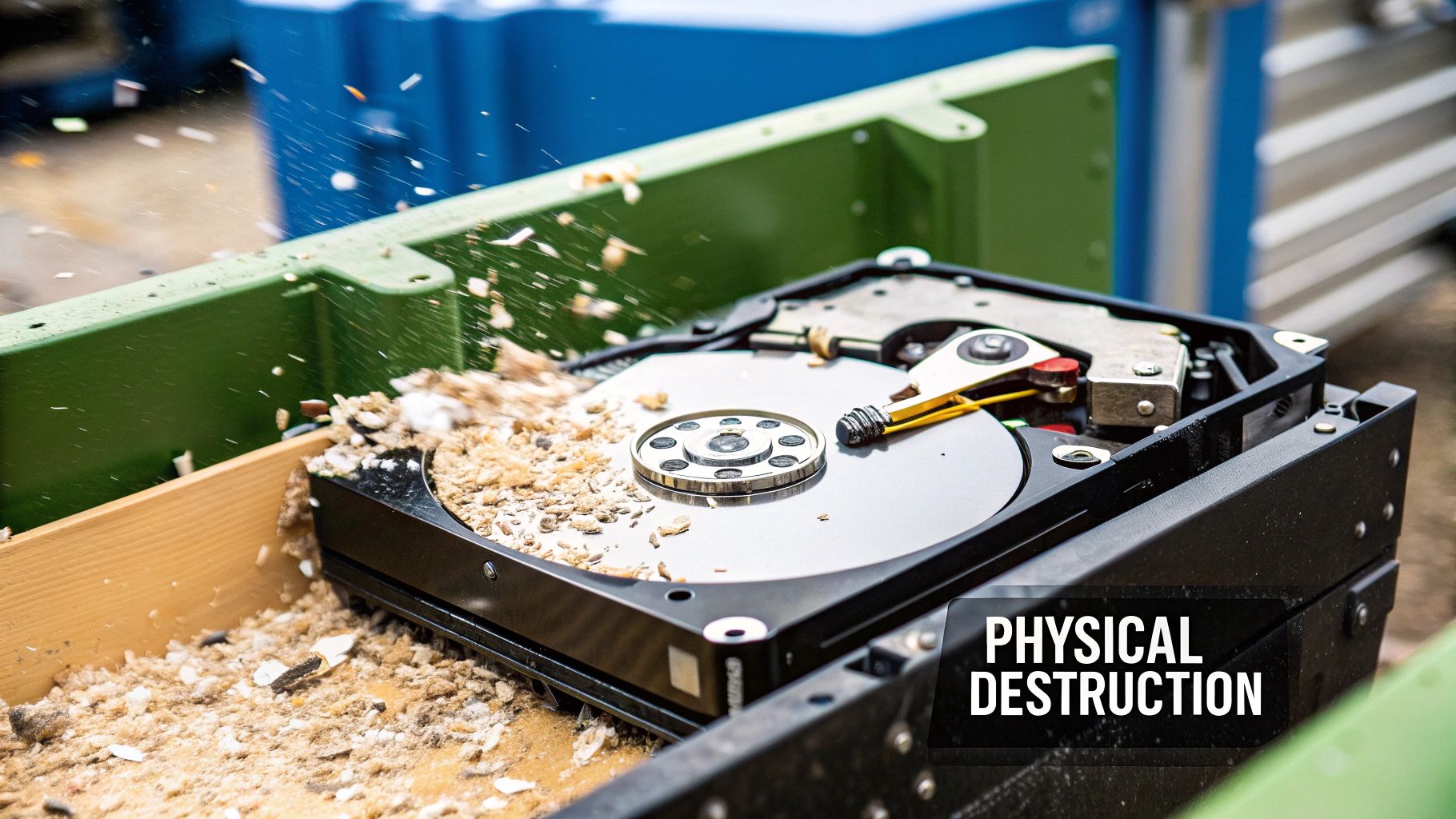A close-up of a hard drive being fed into an industrial shredder, showing the powerful machinery in action.