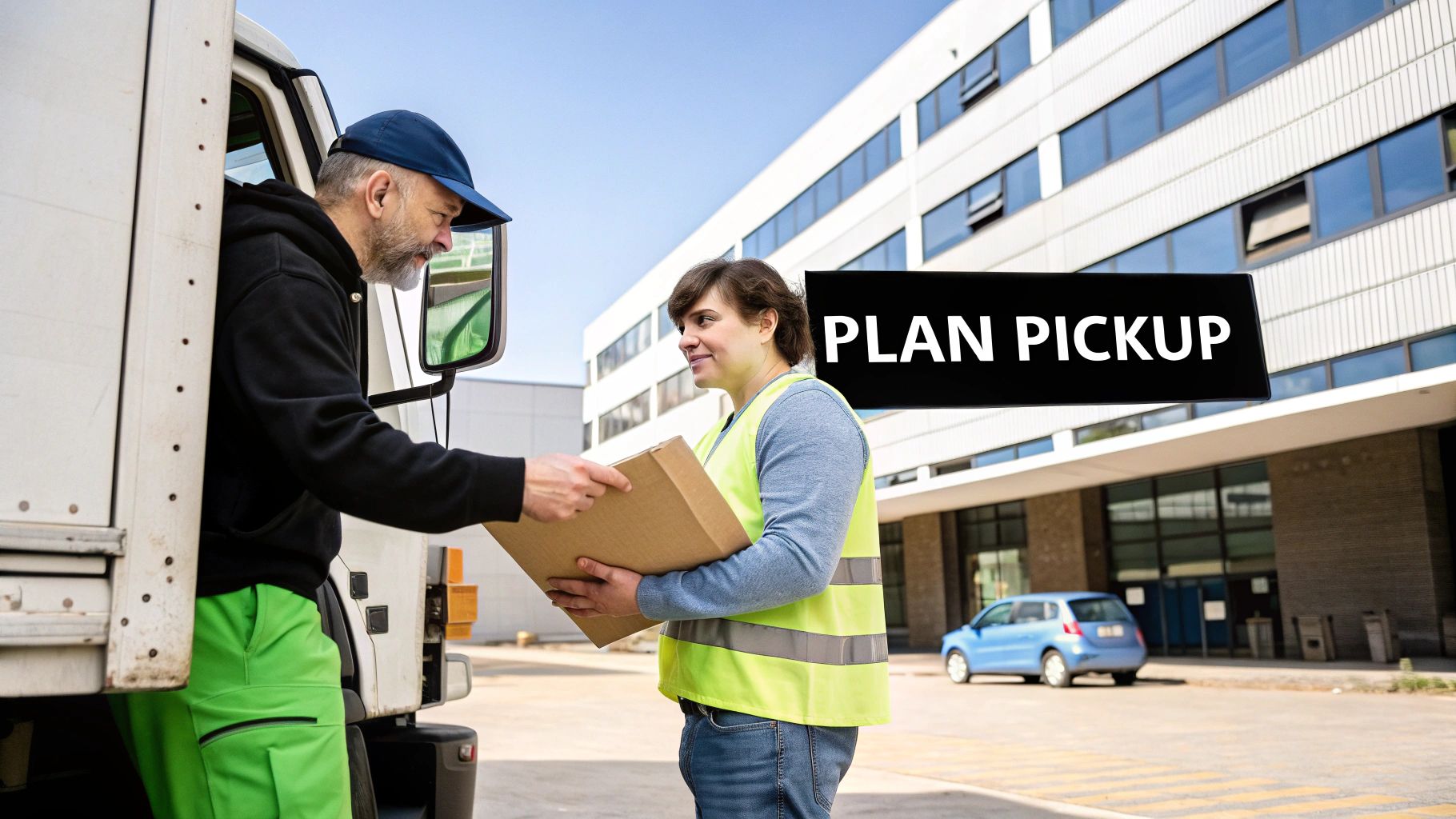 A professional in a branded polo shirt carefully loads IT equipment from a dolly into a transport vehicle.