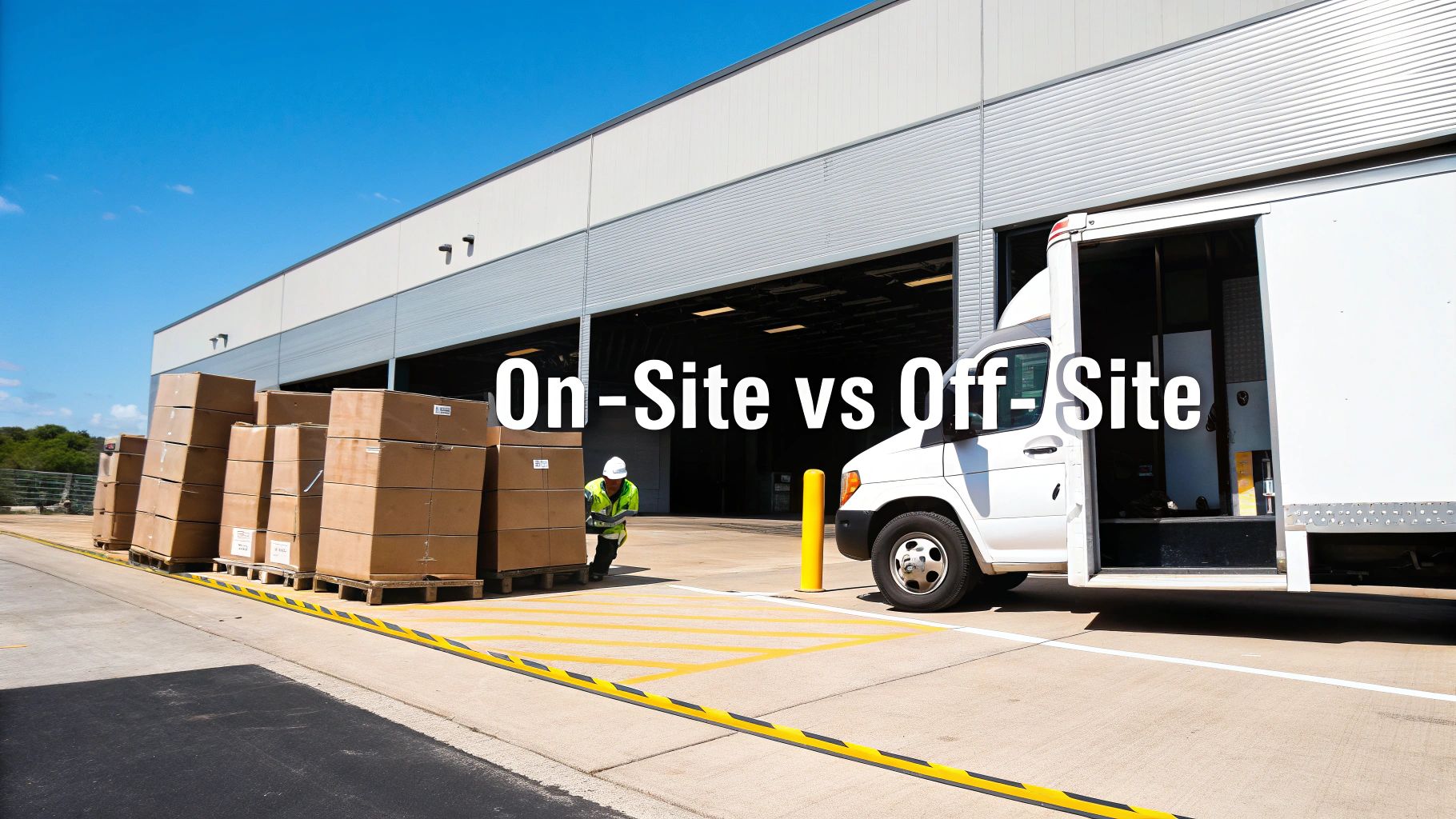 Worker moves boxes on pallets outside a warehouse with a delivery truck, illustrating on-site logistics.