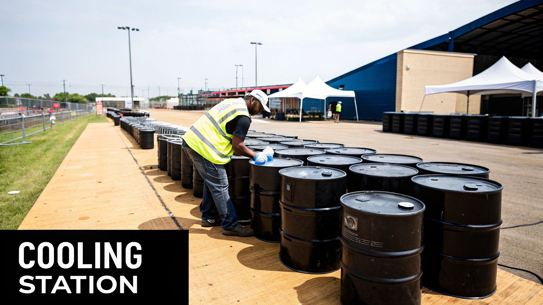 A worker in a safety vest fills black barrels with water at an outdoor cooling station.