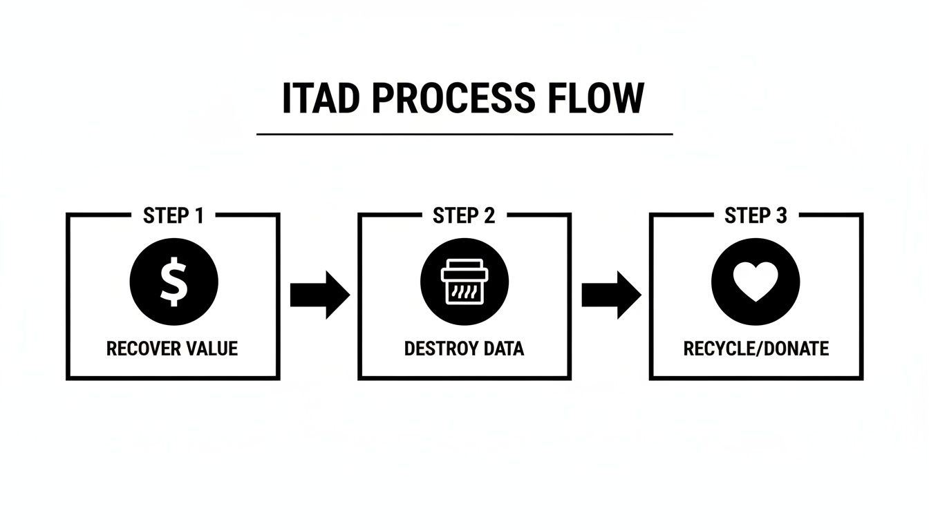 ITAD process flow diagram illustrating three steps: recover value, destroy data, and recycle/donate, emphasizing responsible IT asset disposition by Reworx Recycling.