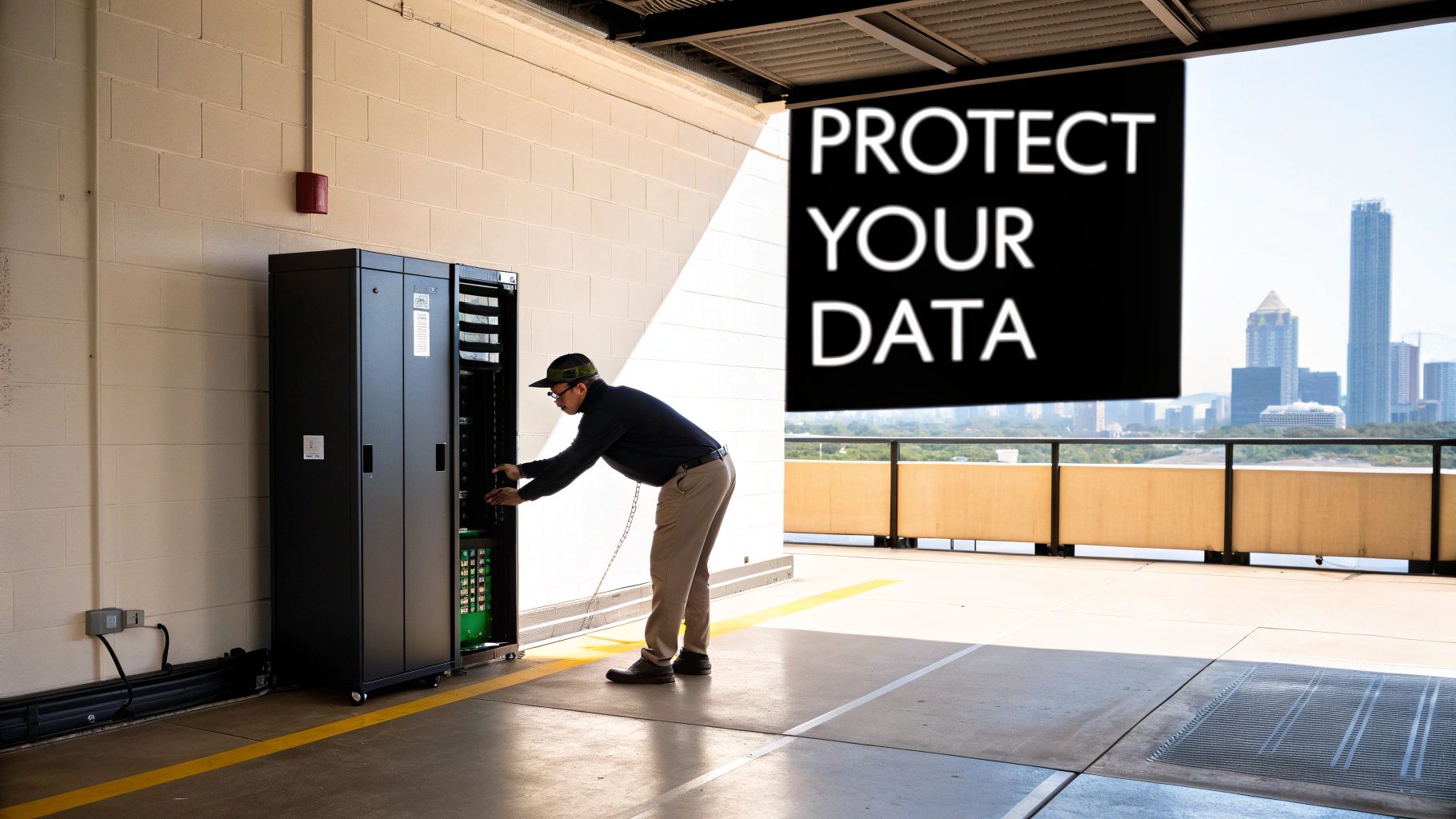 A man in a cap works on a server rack with a city skyline and 'Protect Your Data' banner.