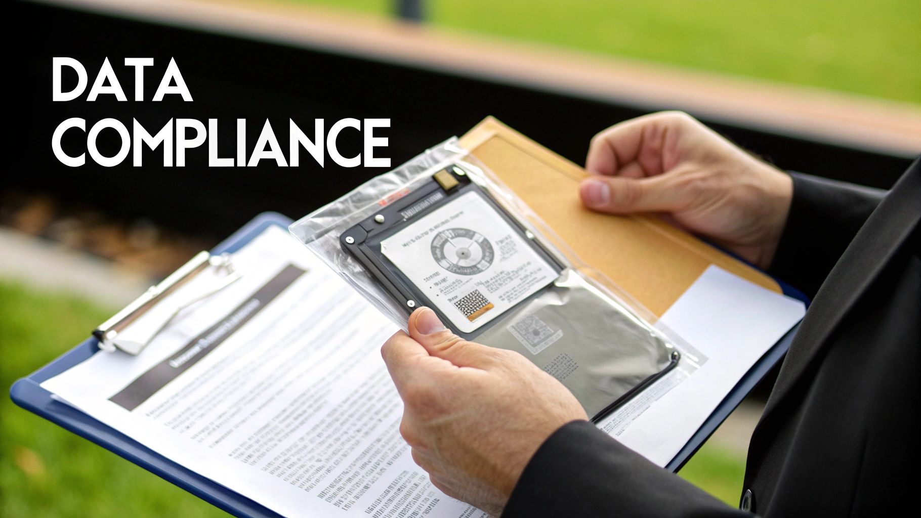 A person's hands hold an electronic device in clear packaging and a clipboard with documents, emphasizing data compliance.