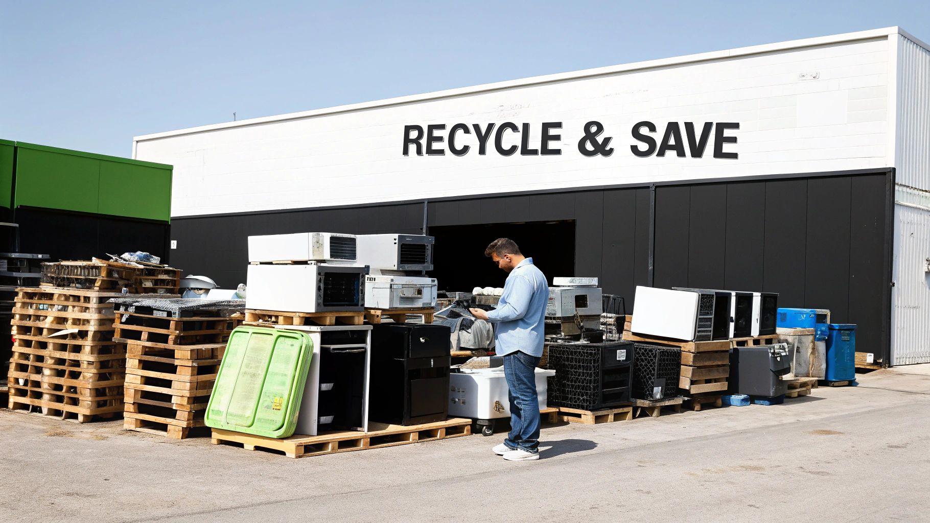 Two workers in uniform loading recyclable materials into a junk removal truck, showcasing sustainable practices.