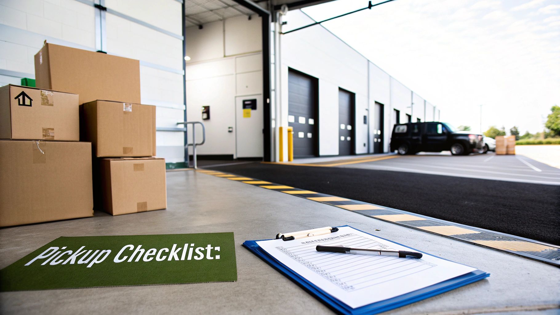 Warehouse loading dock with cardboard boxes and clipboard checklist for pickup service coordination
