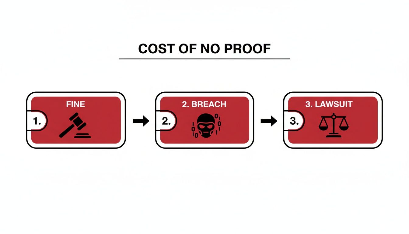 Diagram illustrating the cost of no proof, showing a sequence of fine, data breach, and lawsuit with respective icons.