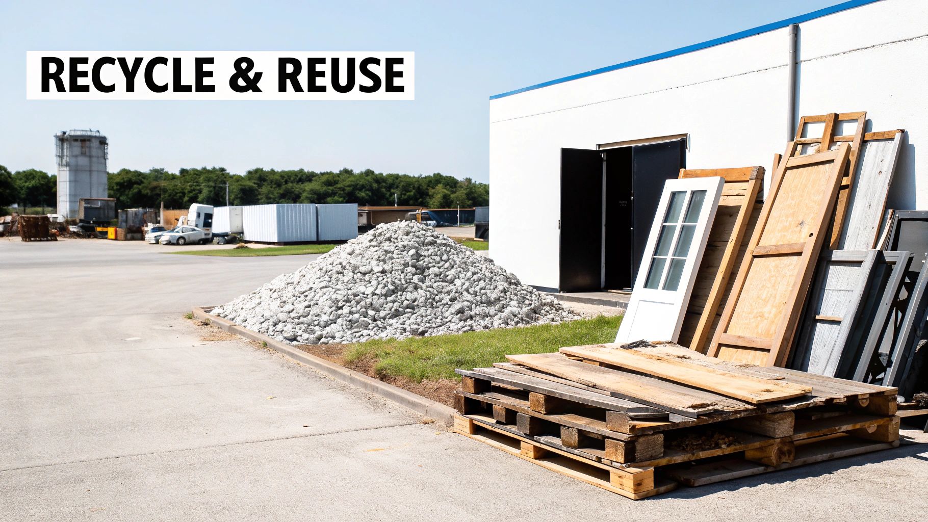 Recycle and reuse center with salvaged doors, wood materials, and crushed concrete pile
