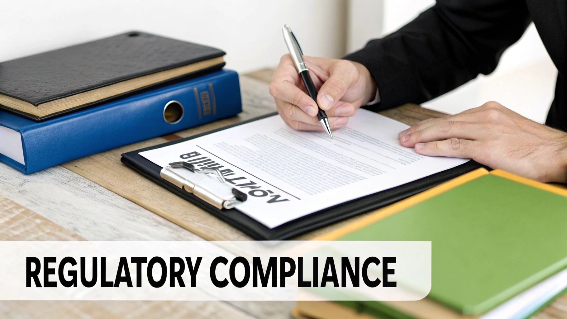 A person signs a document on a clipboard, surrounded by office binders on a wooden desk, symbolizing regulatory compliance.