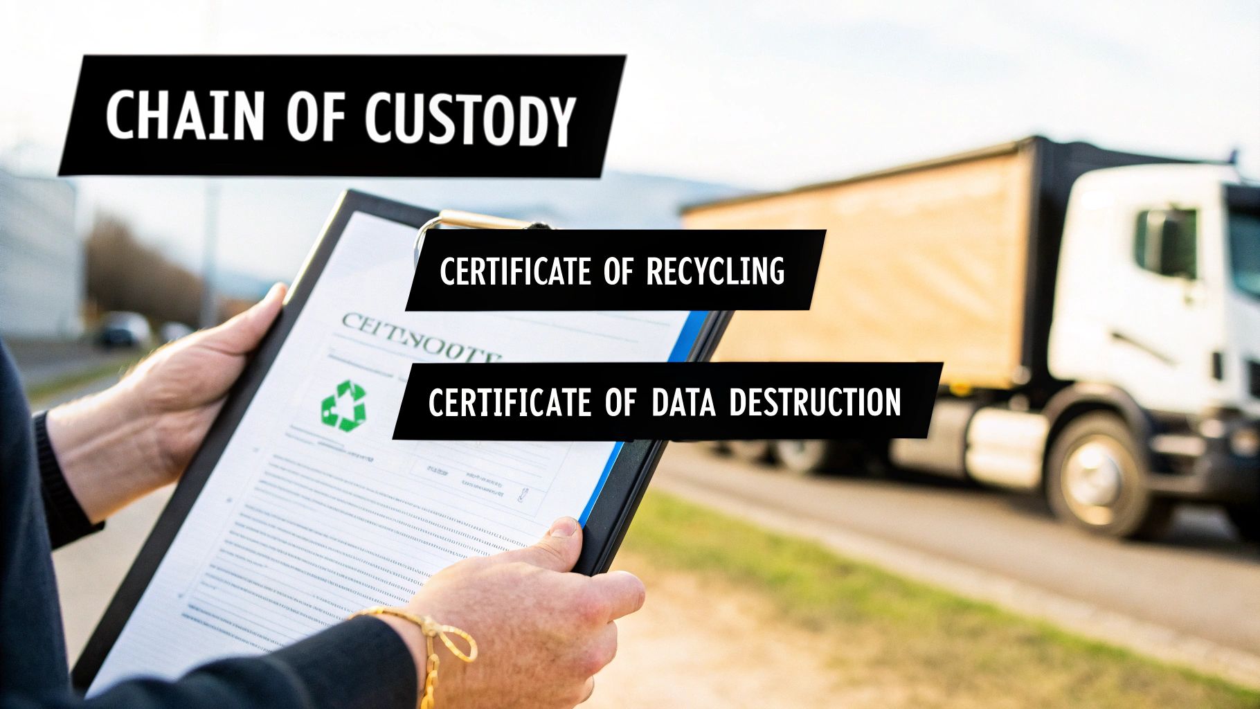 Person holding a certificate of recycling and data destruction, with a truck, representing chain of custody.