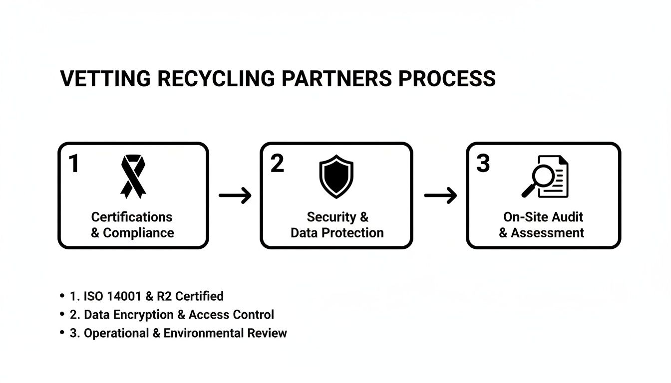 Diagram illustrating a three-step vetting process for recycling partners, covering certifications, security, and audits.