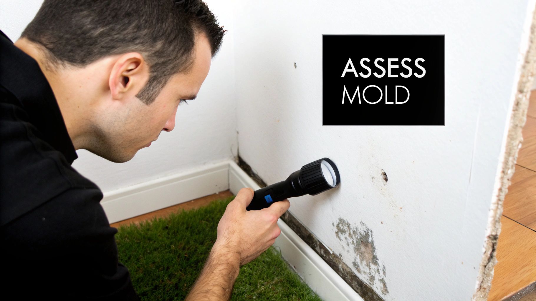 Man with flashlight inspecting dark mold and water damage on a white wall near the floor.