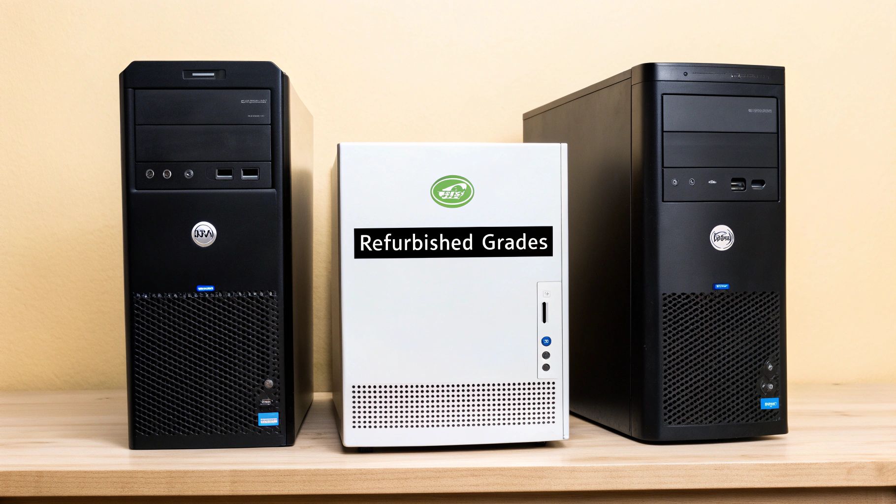 Refurbished desktop PC towers showcasing different models and a central unit labeled "Refurbished Grades," emphasizing the importance of understanding refurbishment quality for sustainable IT procurement.