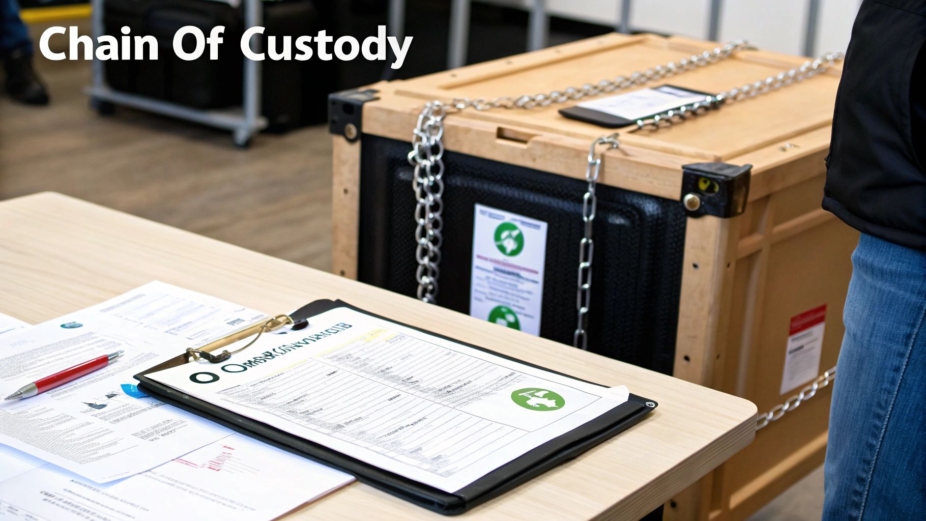 Chain of custody documentation and a secured, chained package on a table.