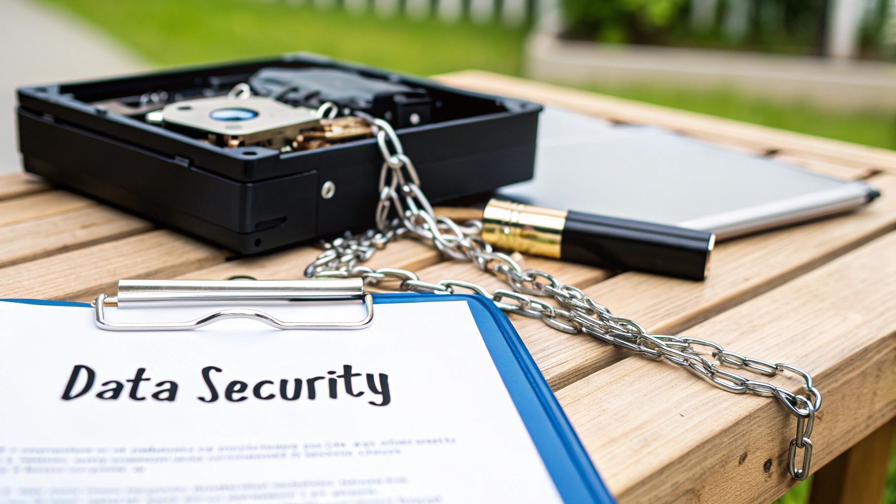 A document labeled 'Data Security' is chained to an open hard drive and a tablet on a wooden table.