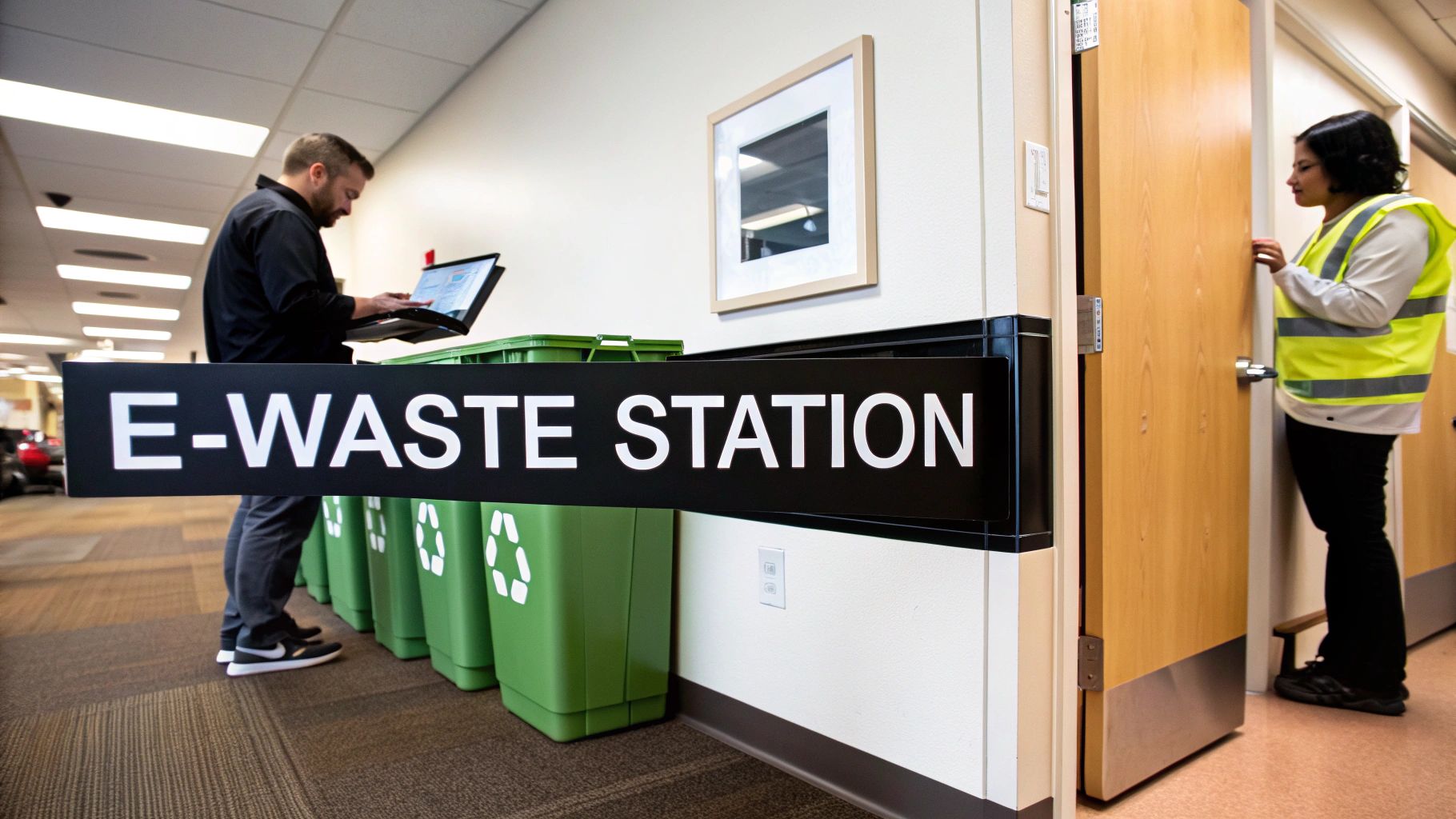 Three people organizing electronics into recycling bins in an office.