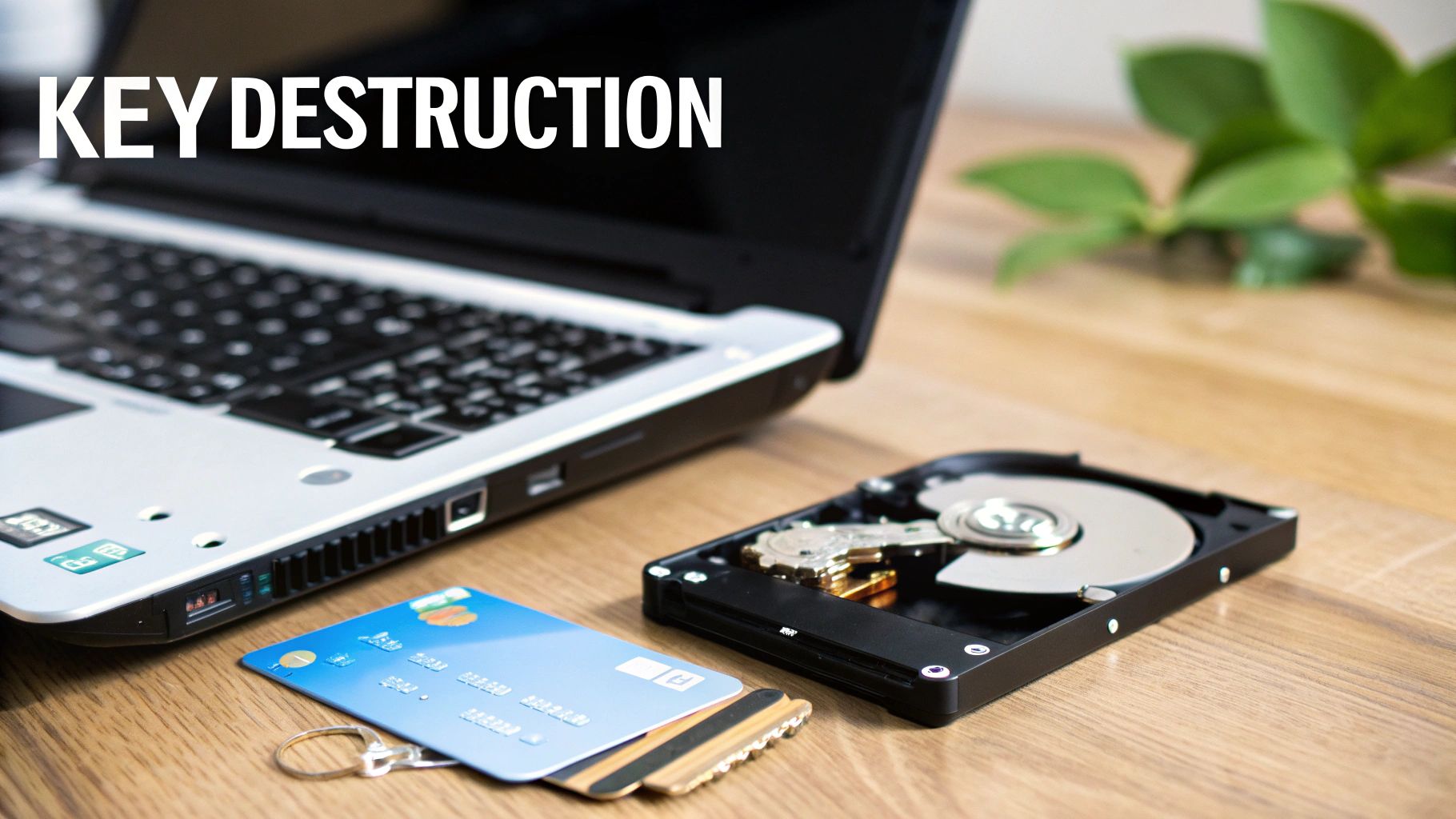A laptop, an opened hard drive with a physical key, and credit cards, symbolizing data and key destruction.