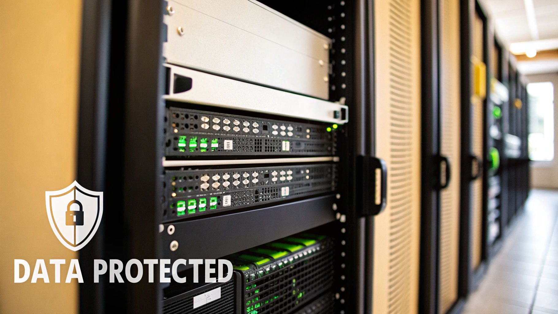 Row of active server racks in a data center, illuminated with green lights and a 'DATA PROTECTED' overlay.