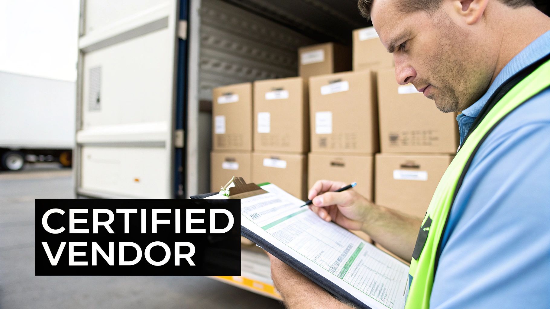 A certified vendor in a high-vis vest checks a clipboard next to a truck loaded with boxes.