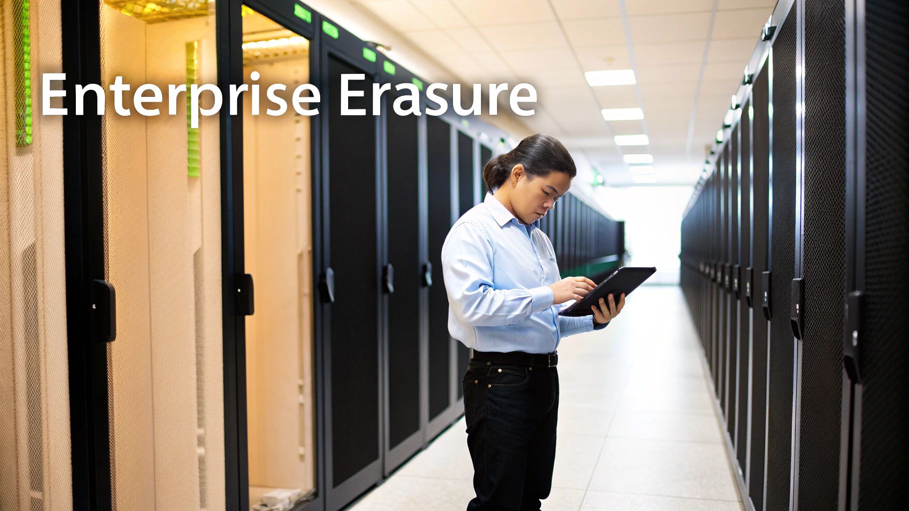 A man in a light blue shirt is checking a tablet in a modern data center, surrounded by server racks.